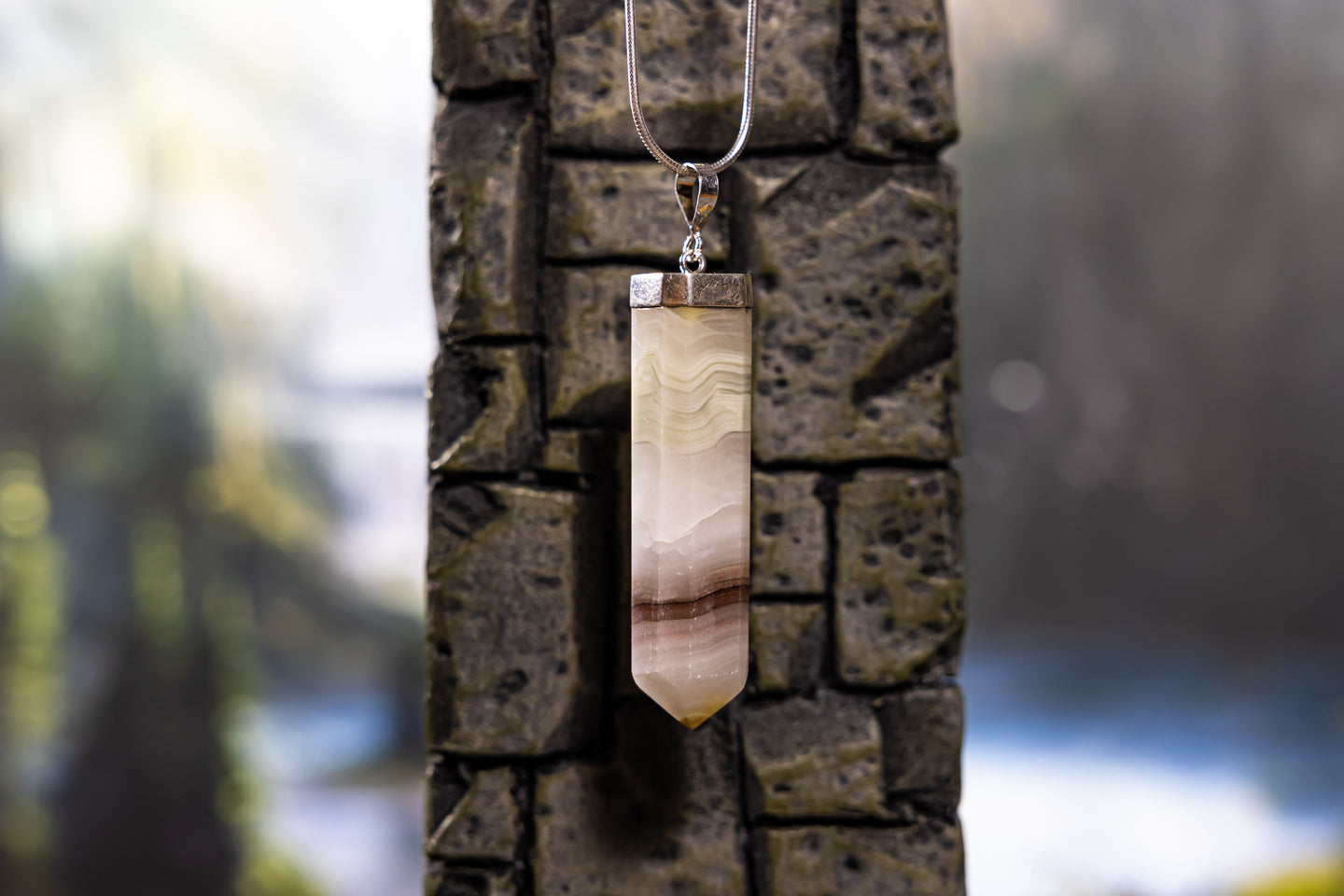 Pink Banded Onyx Pointed Pendant with Sterling Silver Chain