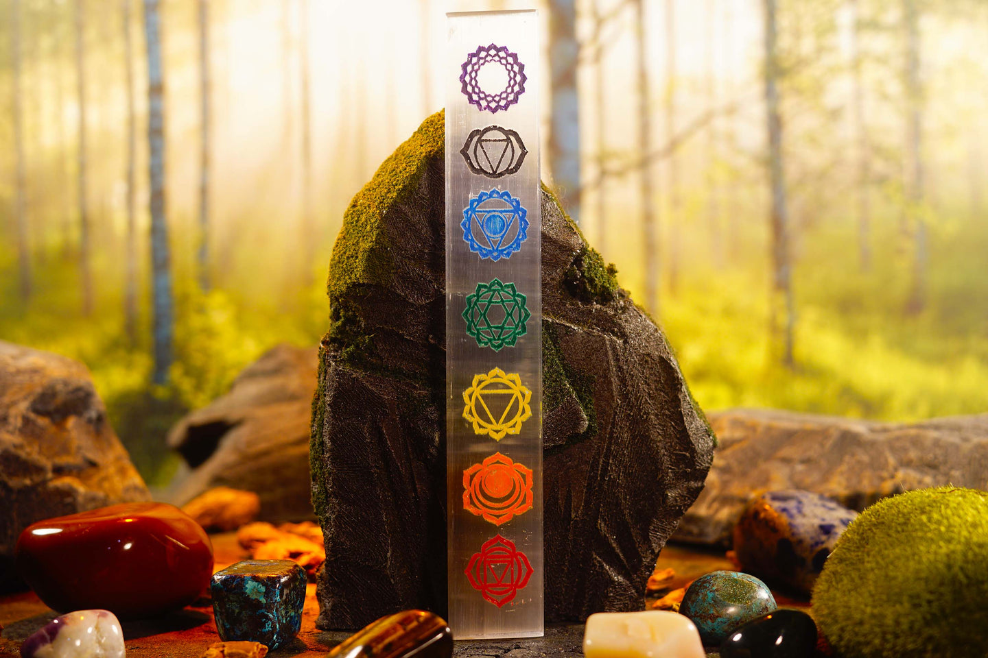 Selenite Charging Plate with Engraved Chakra in Color
