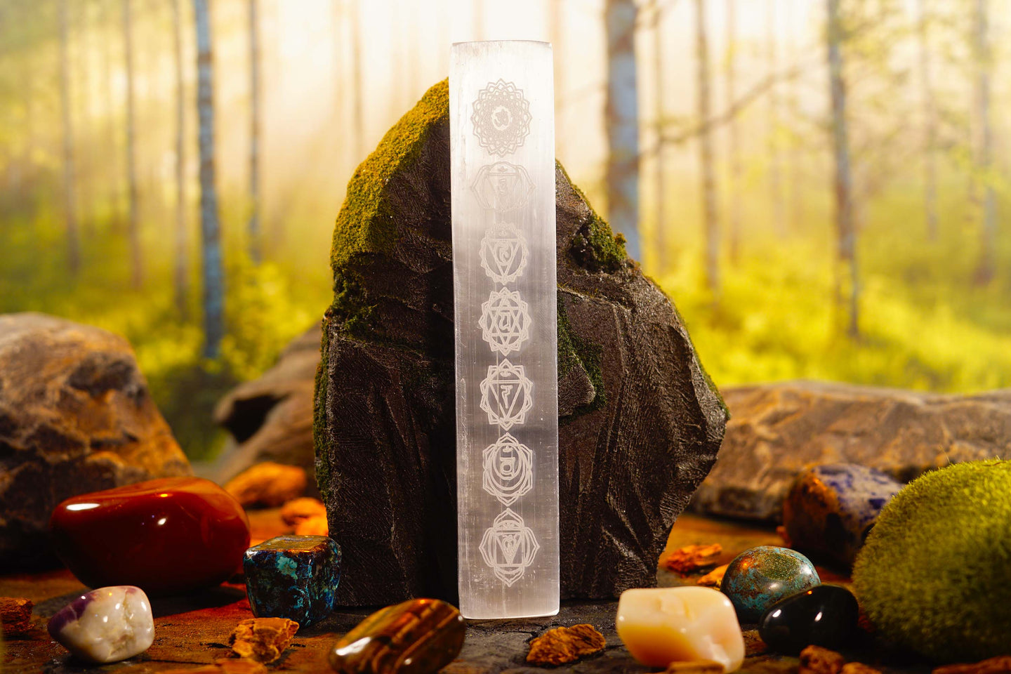 Selenite Charging Plate with Engraved Chakra in White